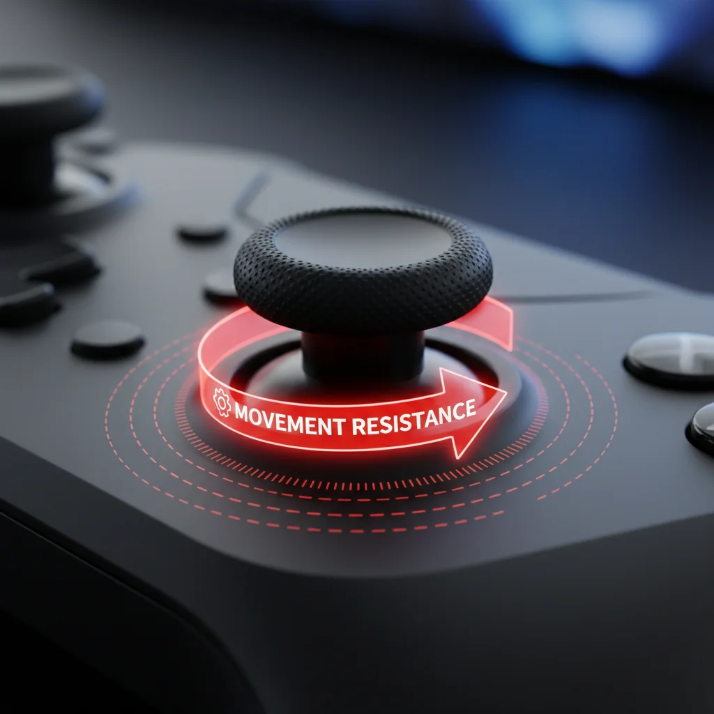 A close-up of a controller thumbstick with an arrow indicating movement resistance