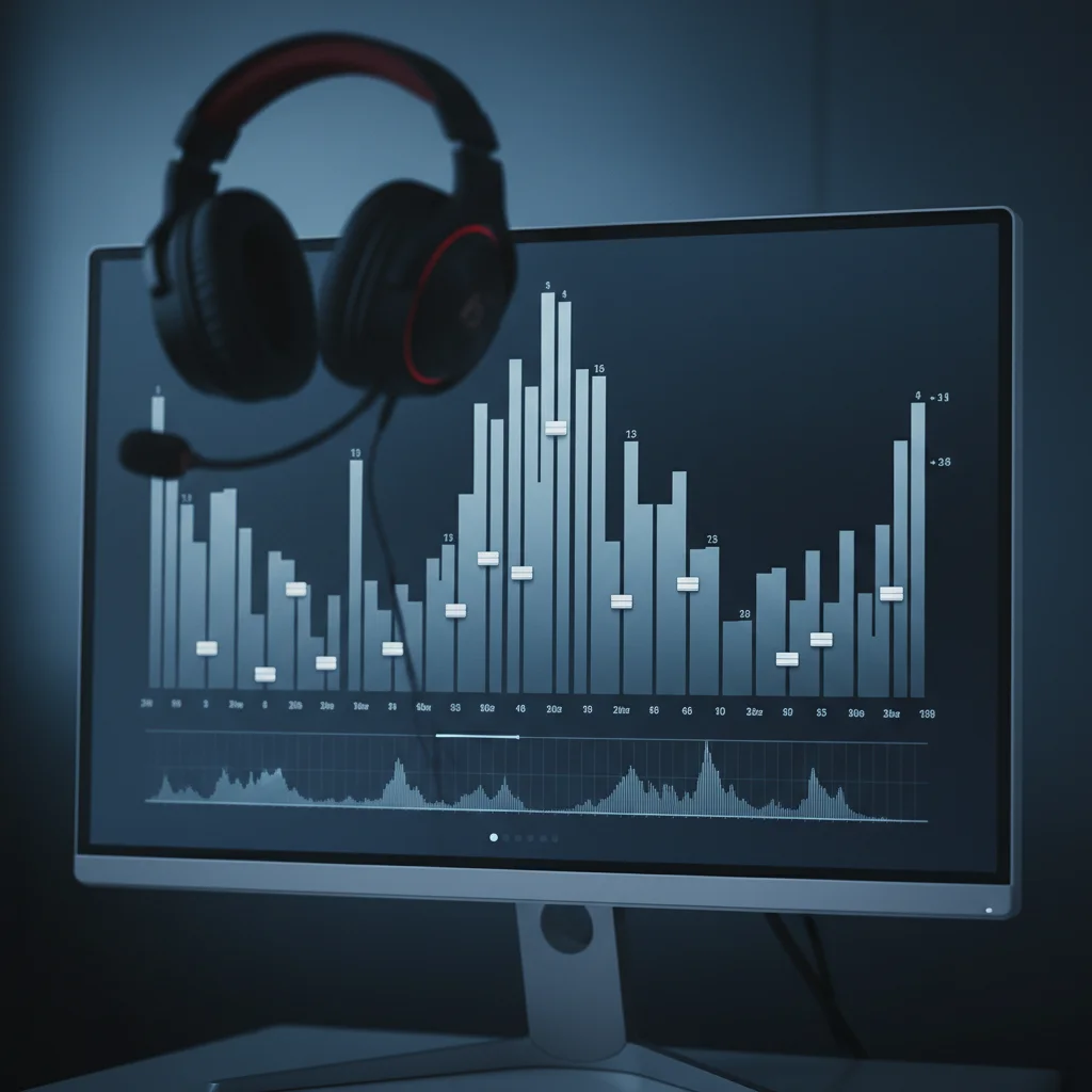 A close-up of a digital graphic equalizer interface on a monitor, showing a distinct upward curve in the 2k-4k frequency sliders, with a blurred gaming headset in the background