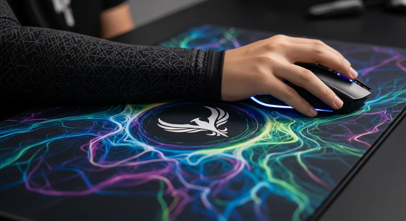 A close-up of a gamer's arm wearing a compression sleeve, smoothly gliding across a large gaming mousepad with a gaming mouse