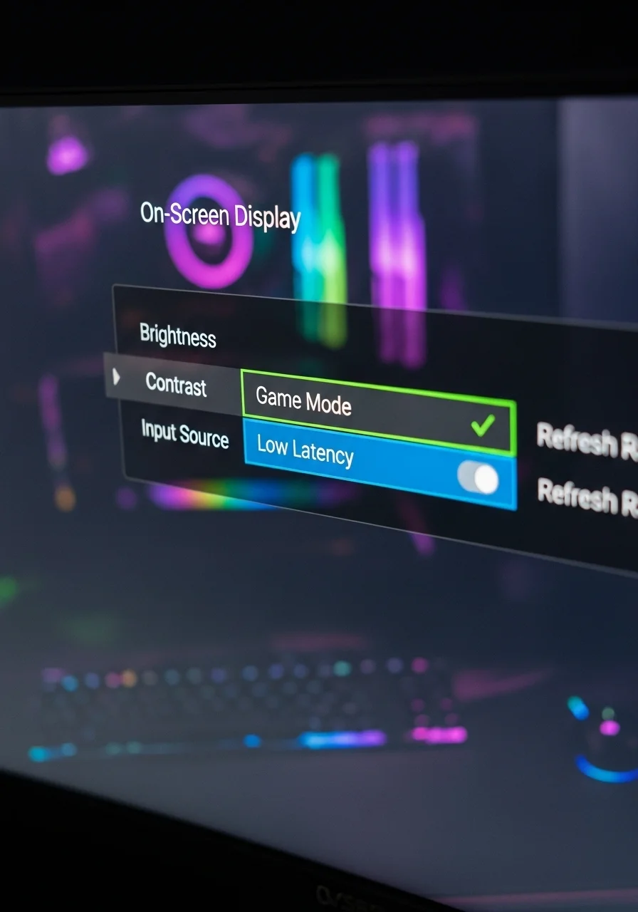 A close-up of a gaming monitor OSD menu highlighting the 'Game Mode' or 'Low Latency' setting enabled.