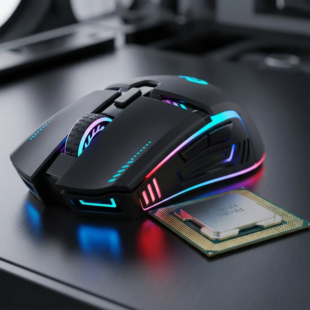 A close-up of a high-end gaming mouse next to a CPU processor chip, symbolizing the hardware relationship