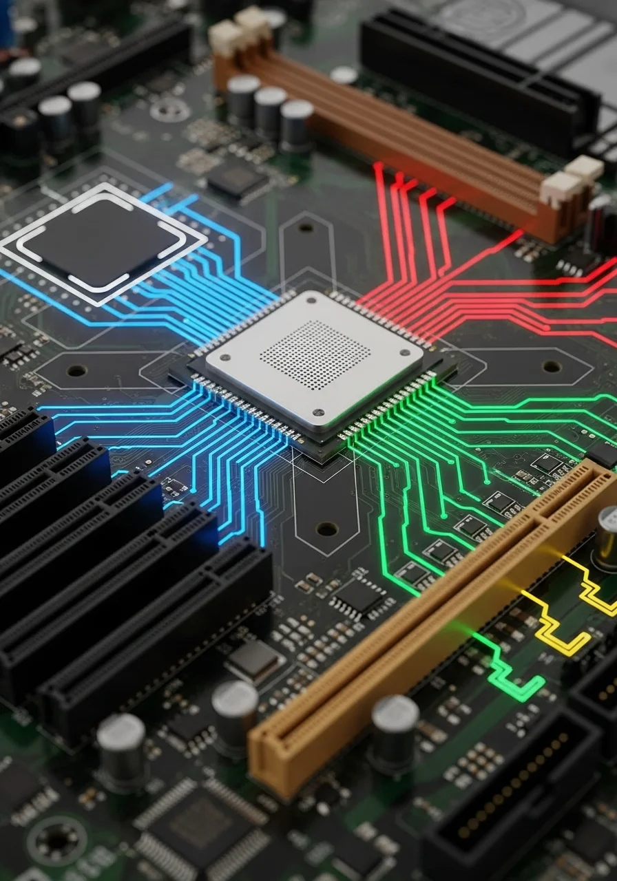 a close-up of a motherboard chipset with data flow lines highlighting connections to CPU, RAM, GPU, and storage