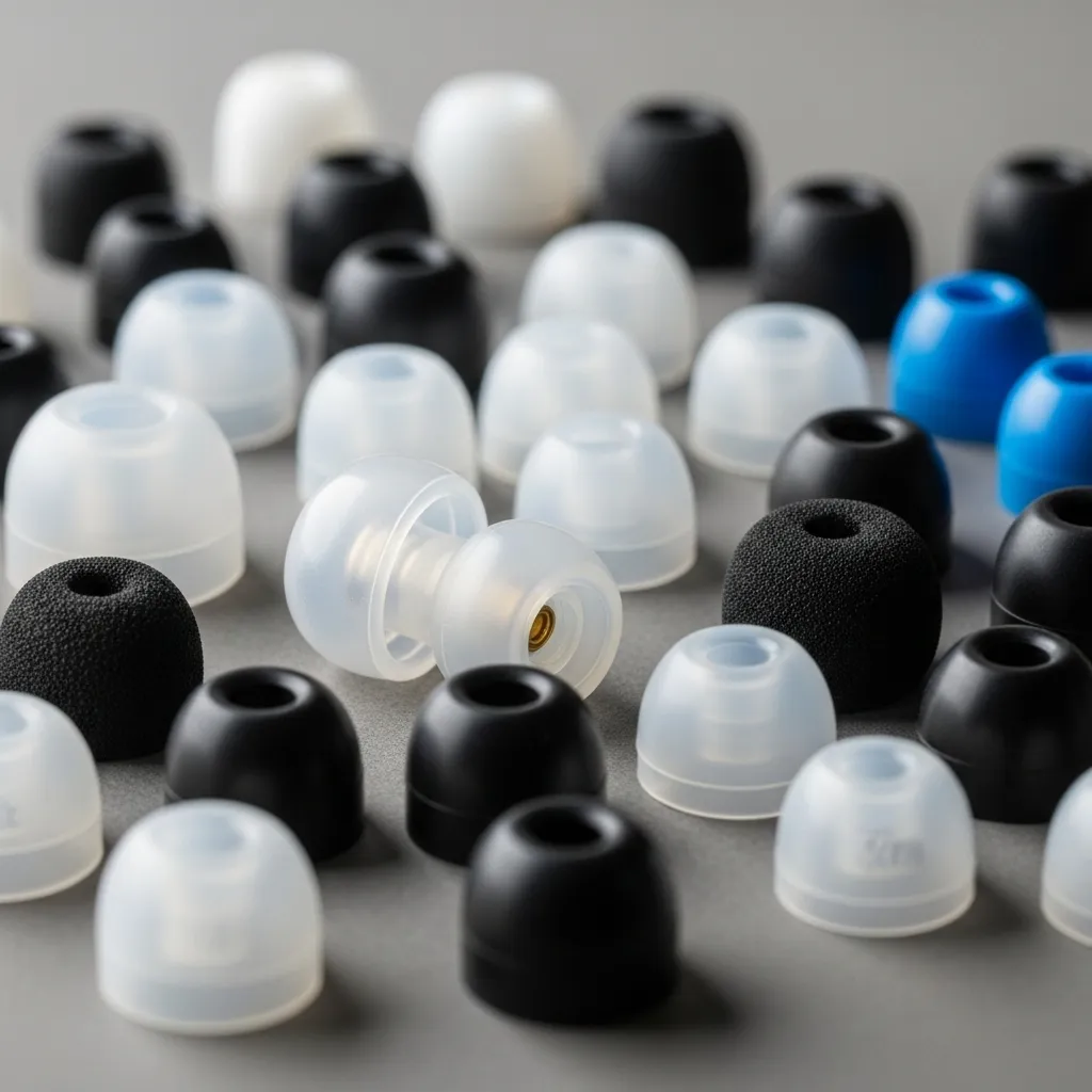 A close-up of different IEM ear tips, showing various materials and sizes