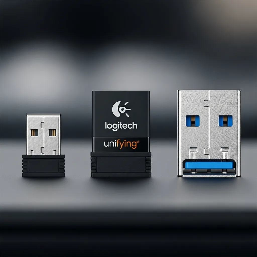 A close-up of different types of wireless mouse receivers - a standard nano receiver, a Logitech Unifying receiver, and an empty USB port