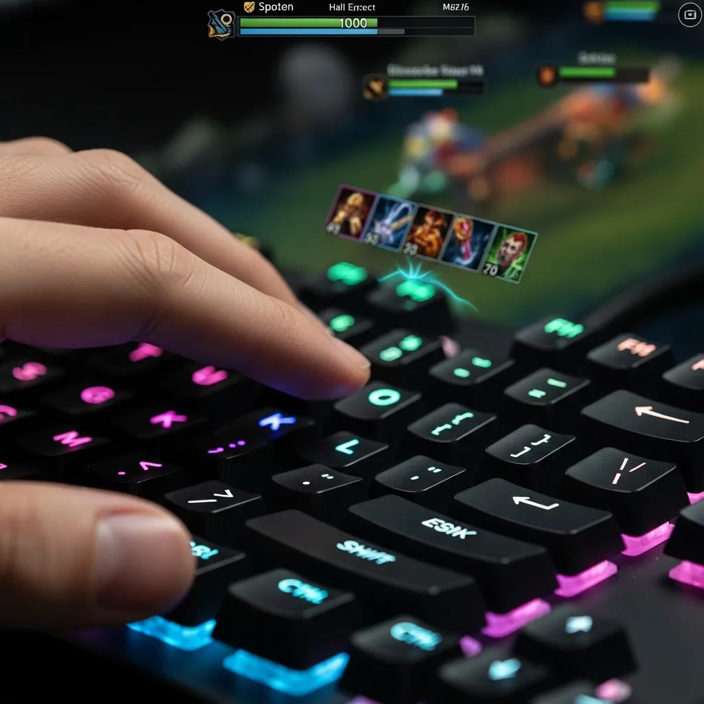 A close-up shot of a gamer's fingers resting on the QWER keys of a glowing Hall Effect keyboard, with a MOBA game interface blurred in the background.