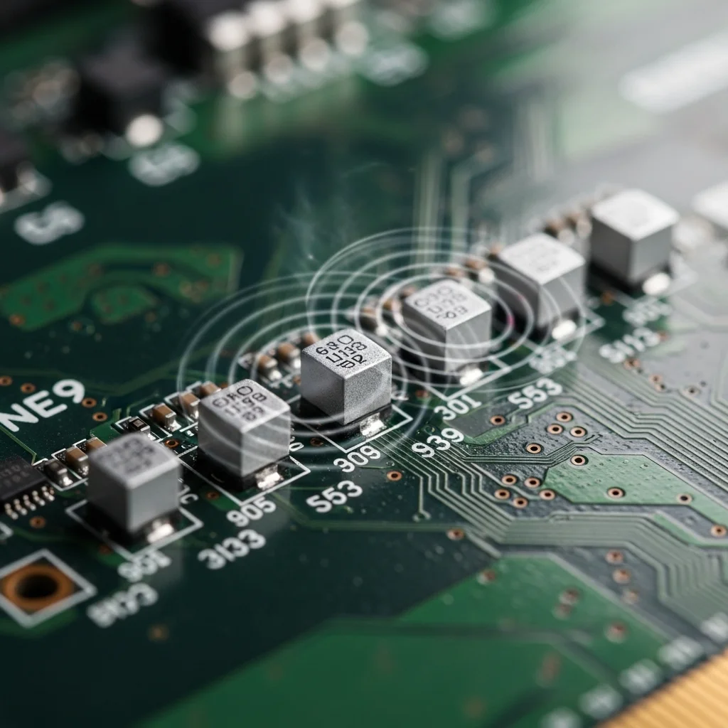 A close-up shot of a GPU's power delivery section, highlighting the inductors, with a subtle visual effect indicating vibration or sound waves