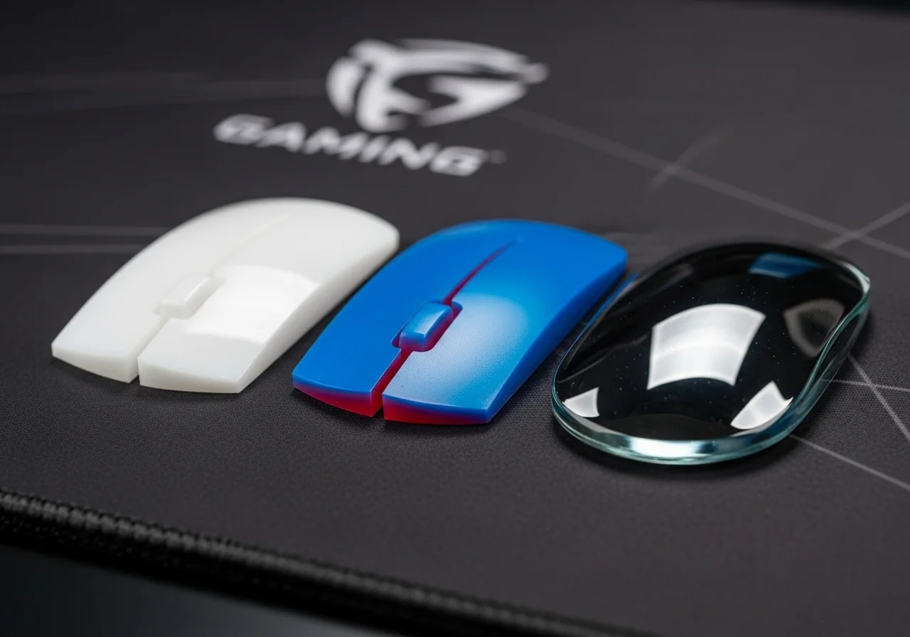 A close-up shot of different mouse skate materials: shiny white virgin PTFE, a colored dyed PTFE, and a reflective glass skate, all arranged on a modern gaming mousepad.