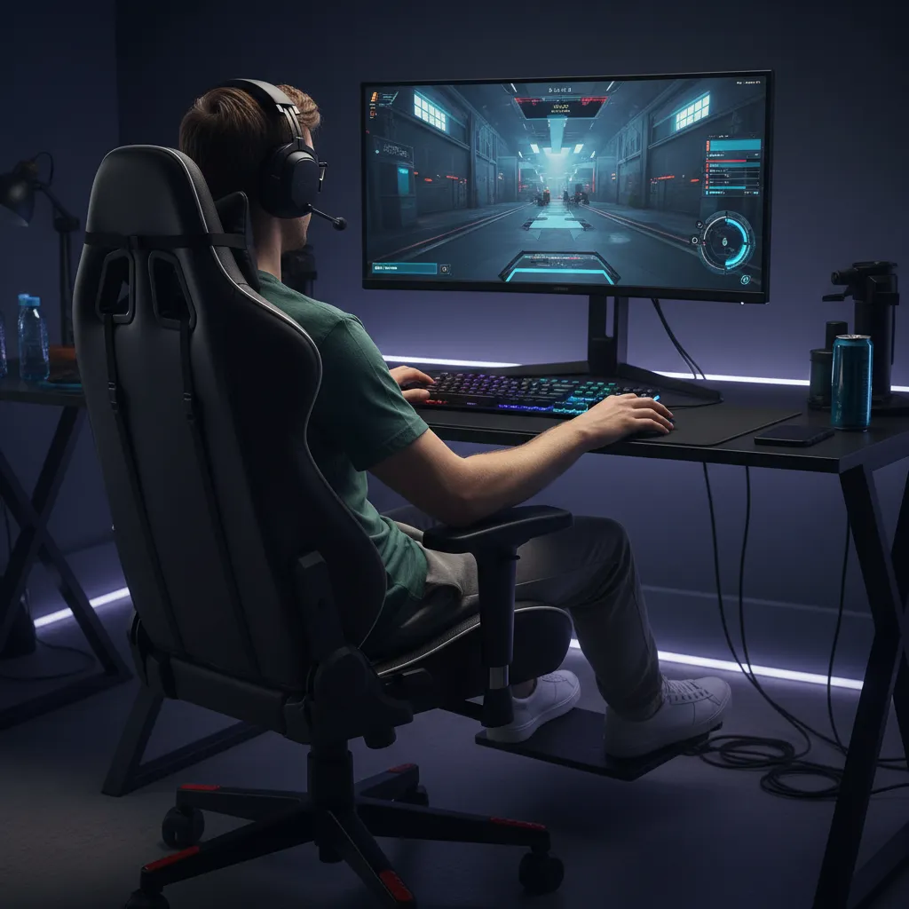 A competitive gamer in perfect ergonomic posture, showing a straight back, 90-degree arm angle, and eyes level with the monitor.
