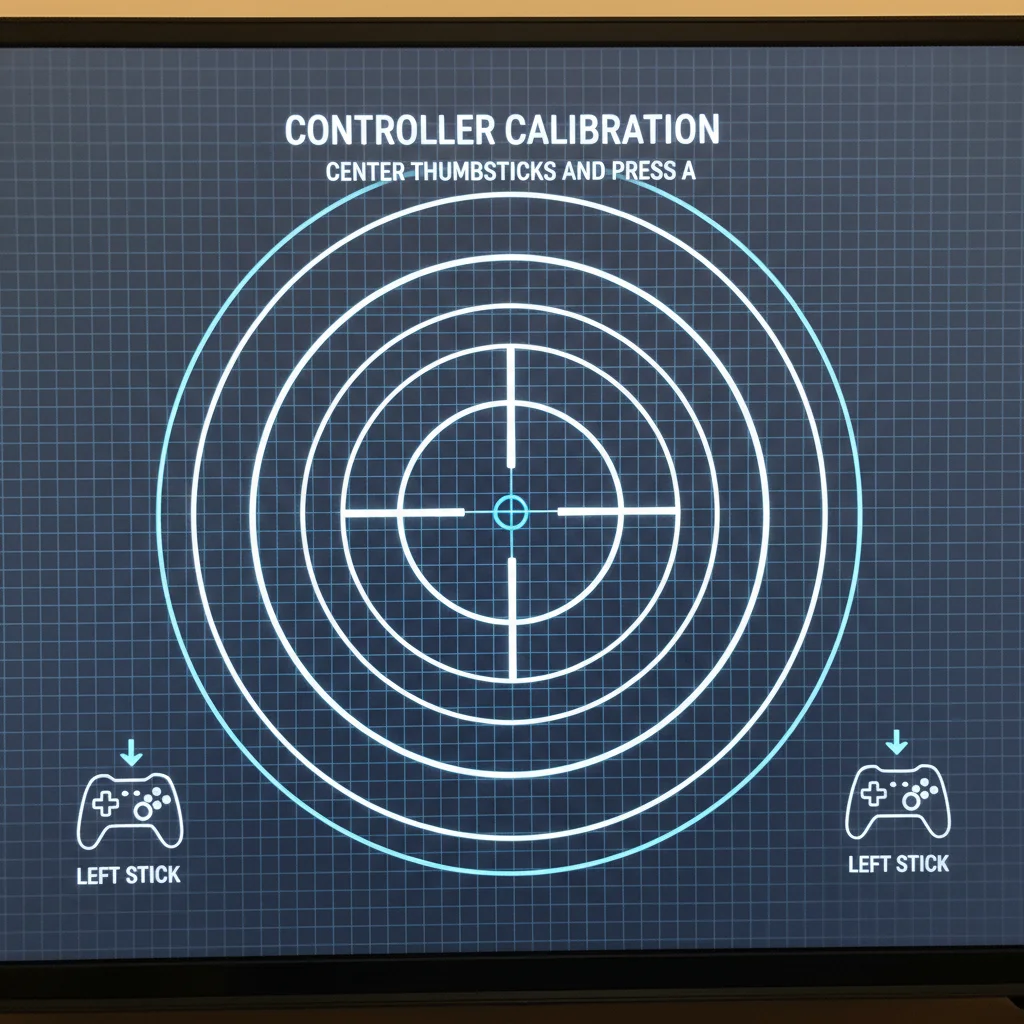 A controller thumbstick calibration screen showing a centered crosshair