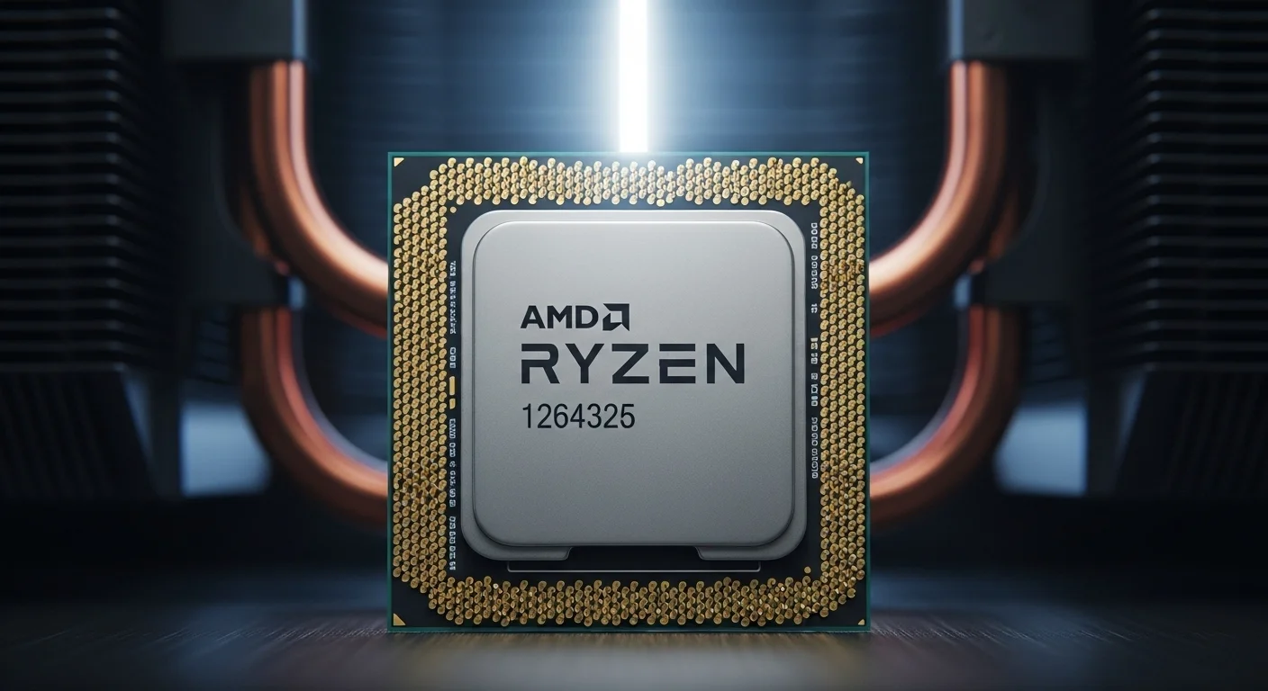 A detailed close-up of an AMD Ryzen CPU package with a heatsink visible in the background, symbolizing unleashed power