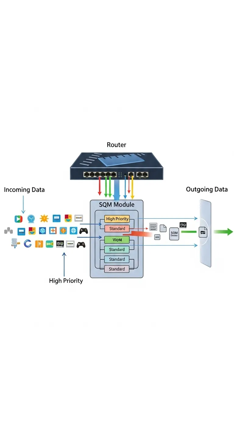 A detailed diagram showing data packets flowing smoothly through a router with SQM enabled, avoiding congestion