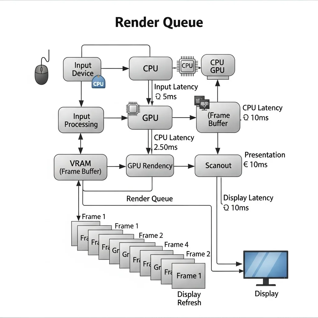 A diagram illustrating the render queue and input-to-display latency path with hardware components.