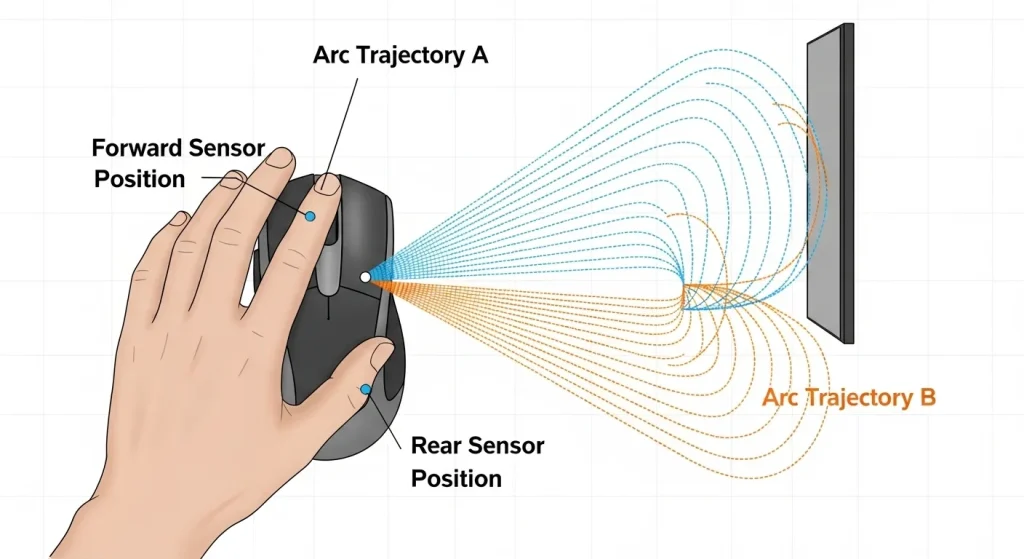 A diagram showing a hand pivoting a mouse, with two dots indicating a forward and rear sensor positi
