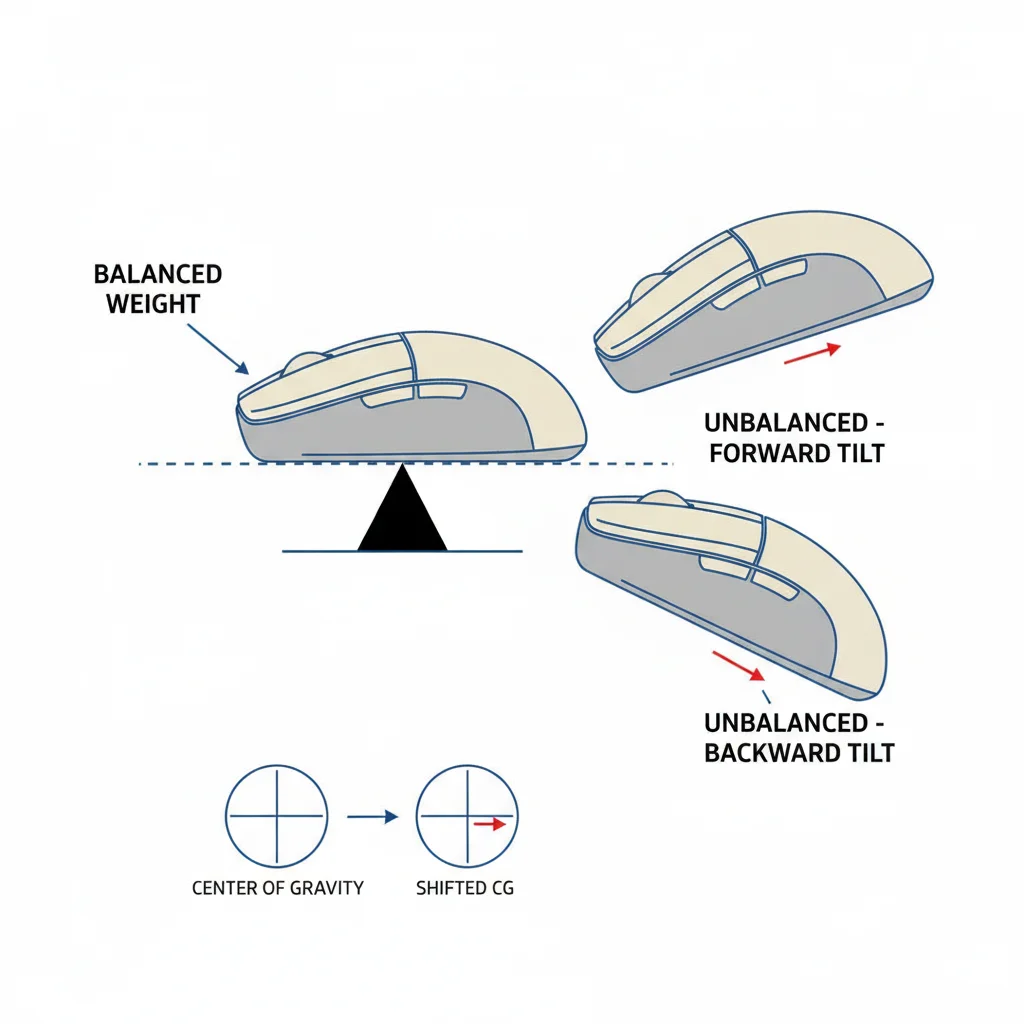 A diagram showing a side profile of a computer mouse with a fulcrum point in the center, illustrating balanced vs unbalanced weight tilt
