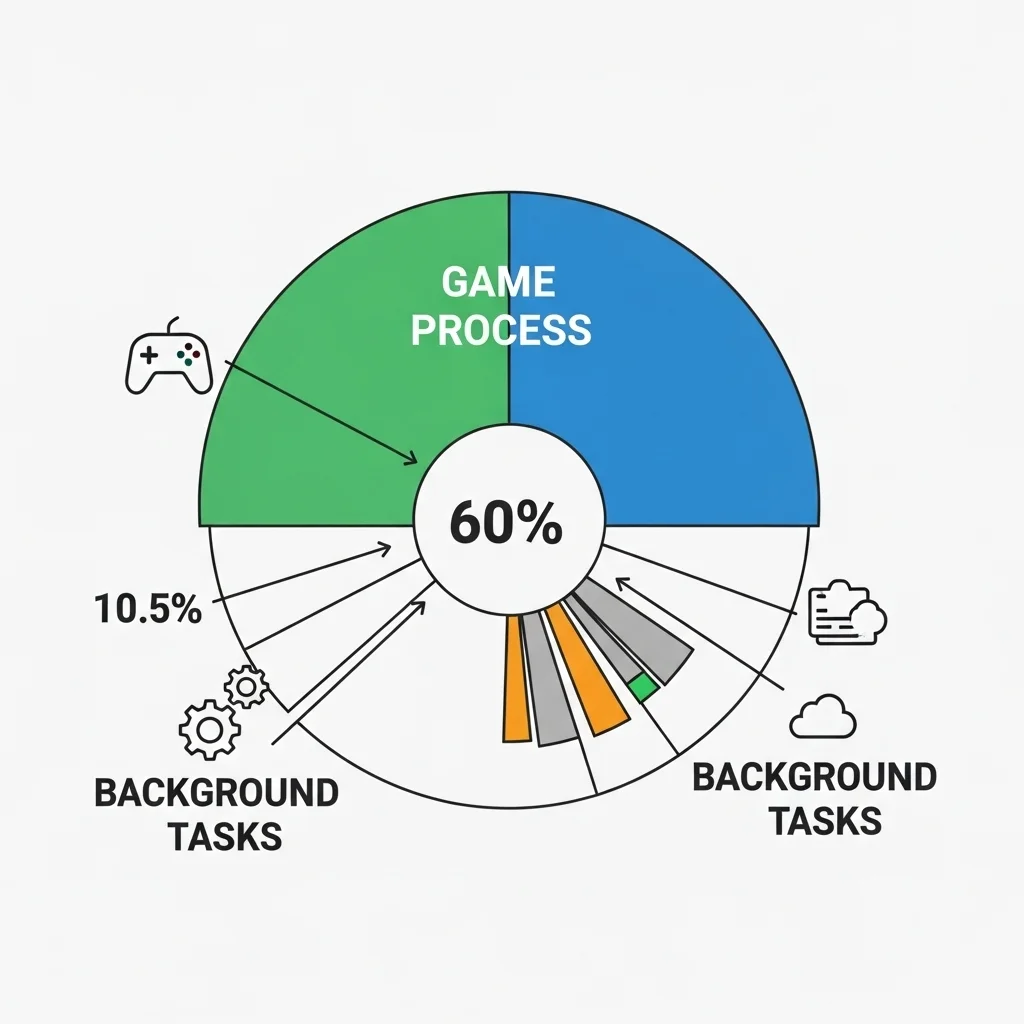 A diagram showing CPU cores being allocated, with a 'game' process getting a large slice and 'background tasks' getting smaller, interrupted slices, Simple very basic