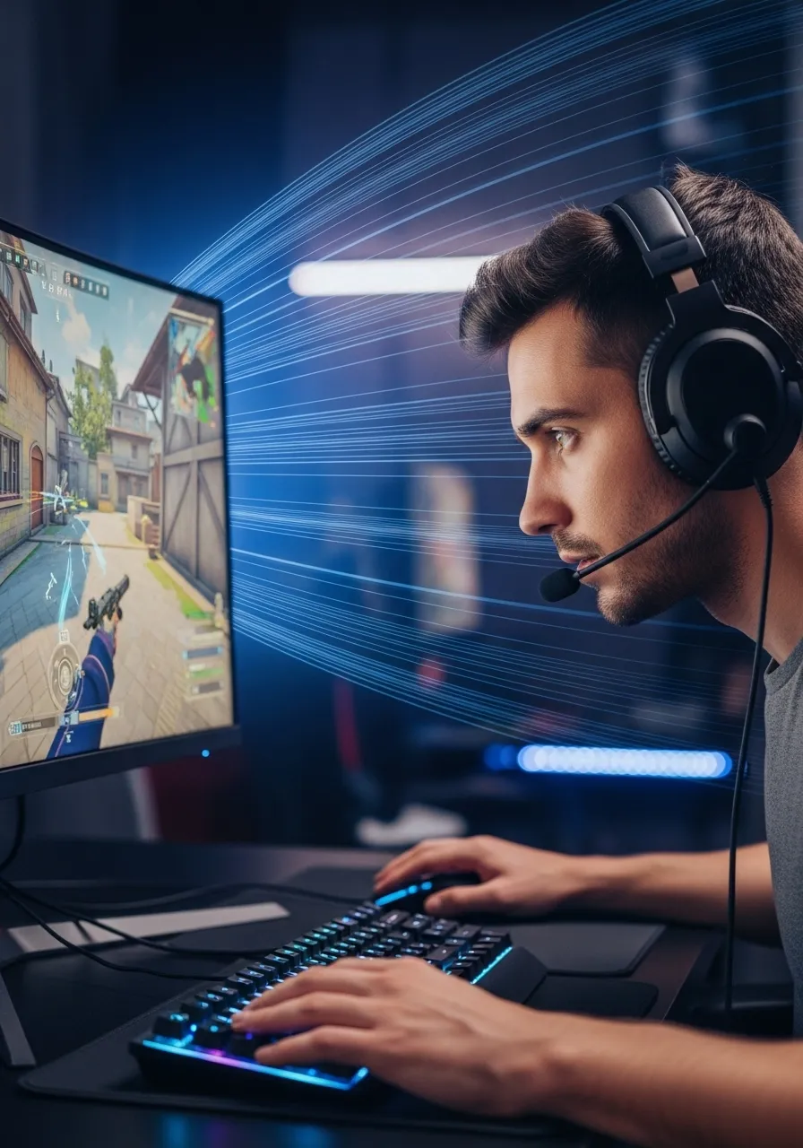 A dynamic image of a competitive gamer in action, focusing intensely on a monitor, with motion lines indicating fast movement and clarity.