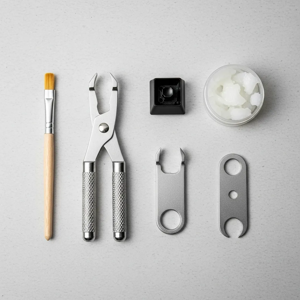 A flat lay of keyboard lubrication tools, including a switch puller, keycap puller, switch opener, lube brush, and a small container.