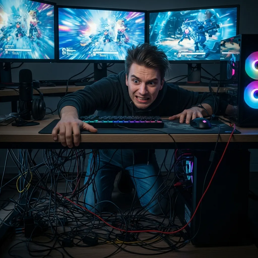 A gamer frantically searching under a desk with a gaming PC setup