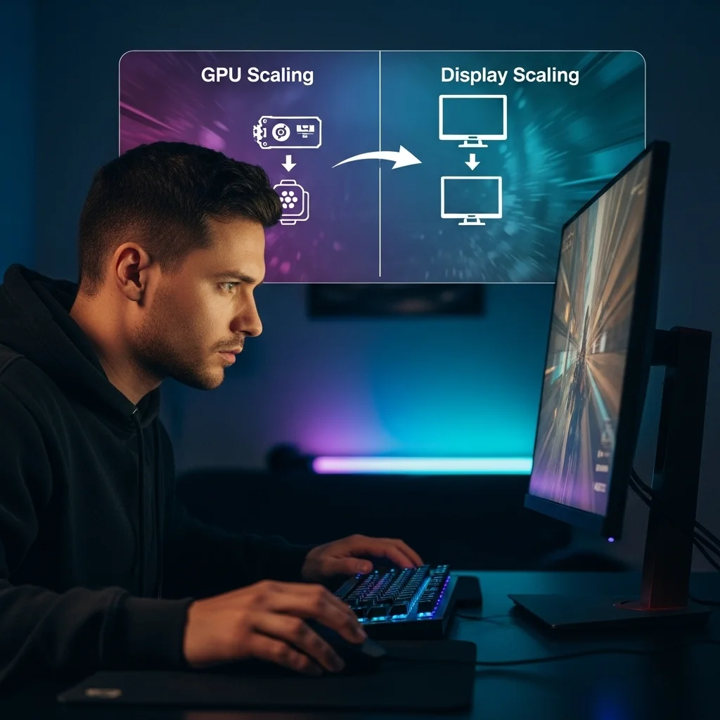 A gamer intensely focused on a monitor, with a split graphic illustrating GPU scaling vs. display scaling in the background. bare minimum text