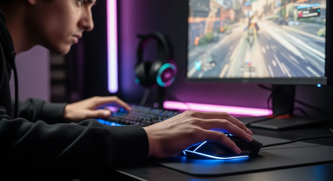 A gamer intensely focused on their screen, with a gaming mouse clearly visible, illustrating the importance of precision