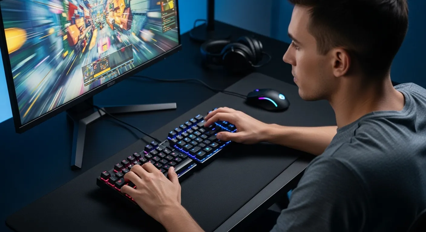 A gamer using an ergonomic split keyboard, focusing intensely on the screen with good posture