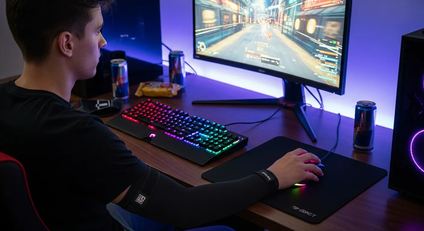 A gamer wearing an arm sleeve, intensely focused on their mouse and screen, with a visible gaming setup.