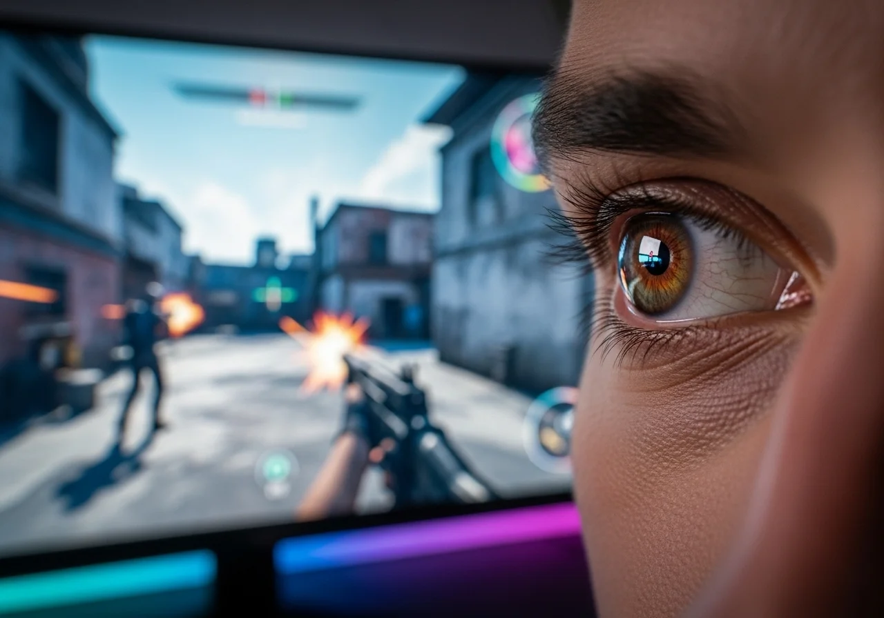 A gamer's eye focused intently on a high-refresh-rate monitor displaying a fast-paced FPS scene, illustrating clarity and responsiveness.