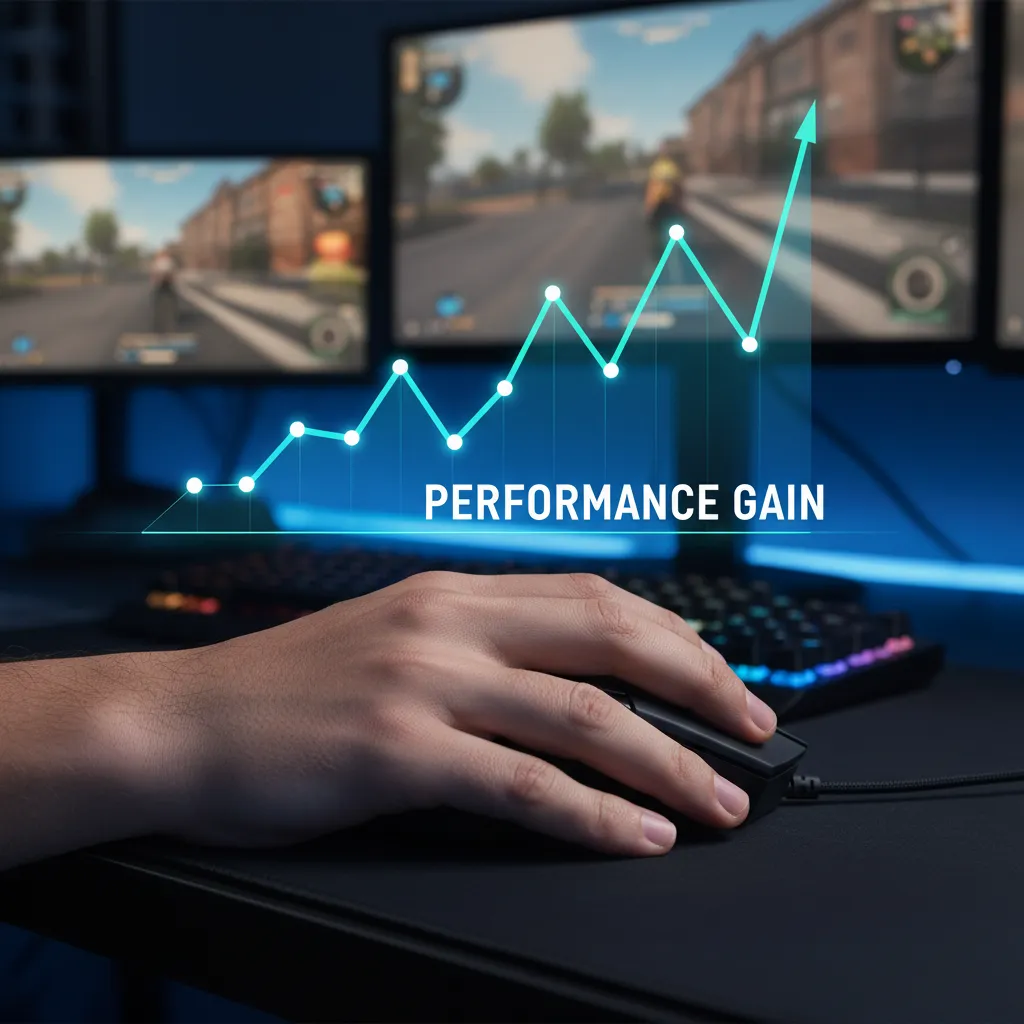 A gamer's hand comfortably holding a mouse, with a performance graph overlay showing improvement.