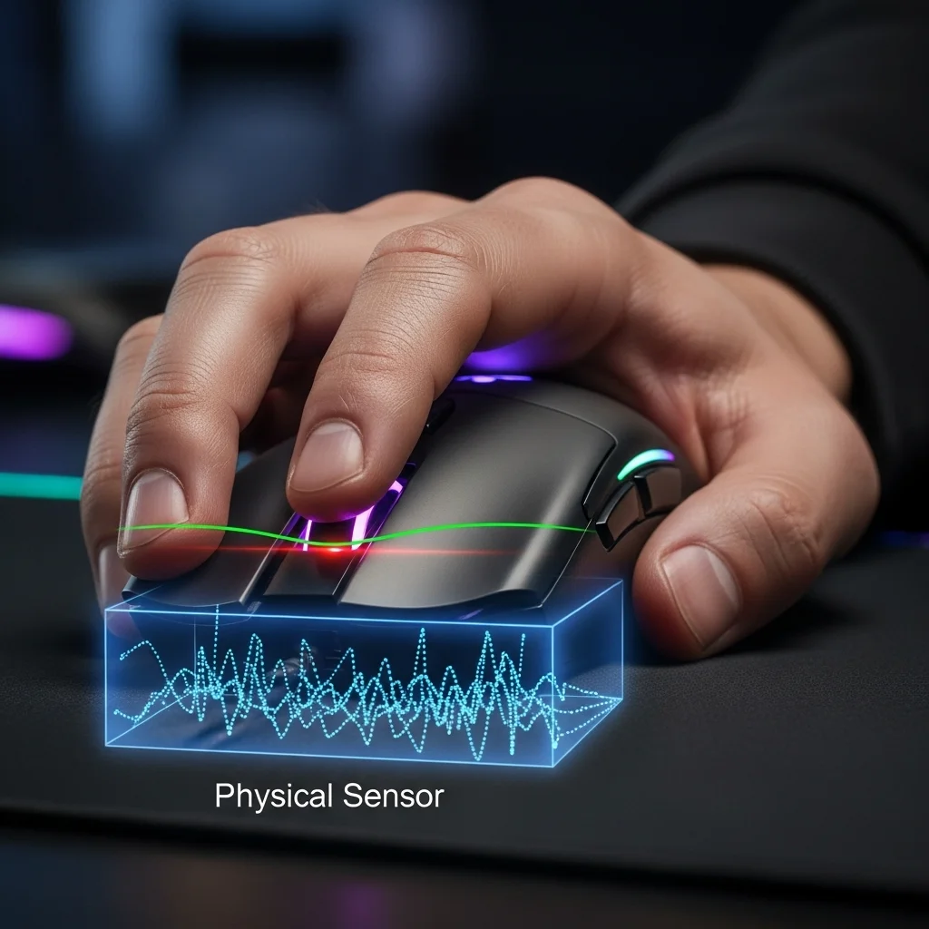 A gamer's hand gripping a mouse, with an overlay of virtual data points showing the sensor's path an