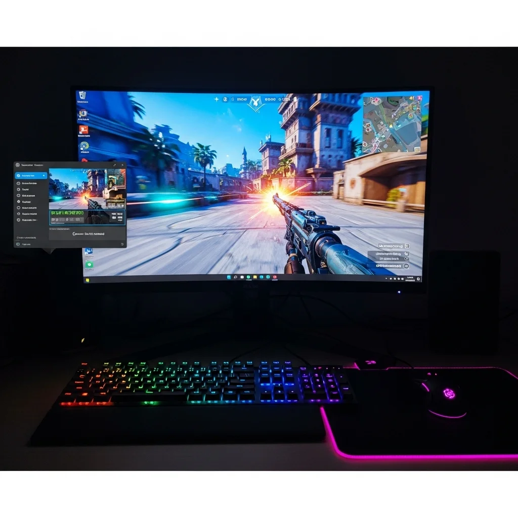A gamer's PC desktop showing an optimized gaming setup with minimal background apps and Game Mode enabled. No Text overlay or text in the image