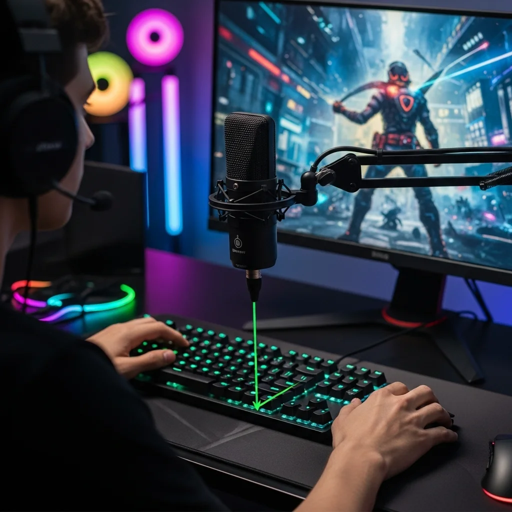 A gamer's setup showing a cardioid microphone positioned between the gamer and a mechanical keyboard, with an arrow indicating the null point facing the keyboard.