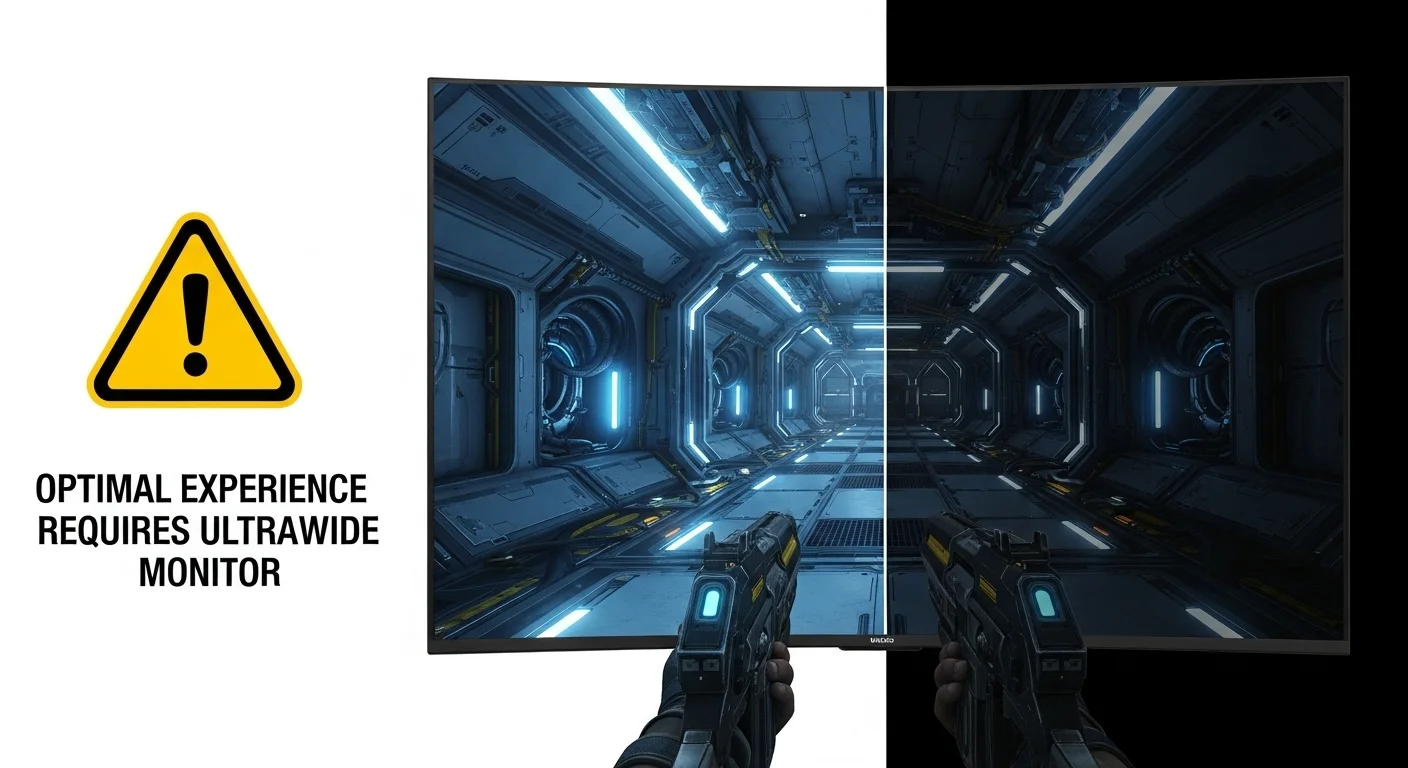 A graphic showing a warning sign next to a split screen illustrating native ultrawide support versus black bars.