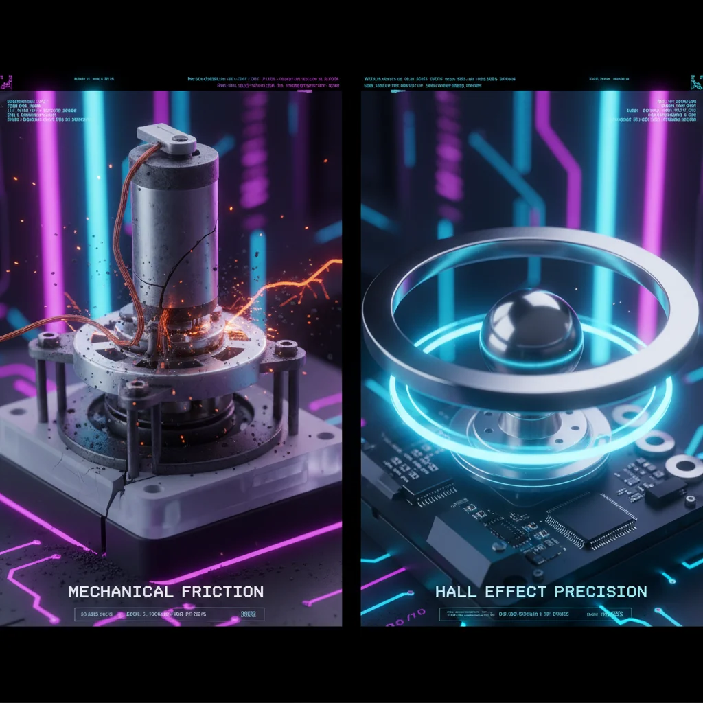 A high-tech, split-screen macro comparison of joystick mechanisms. The left side shows a worn, mecha