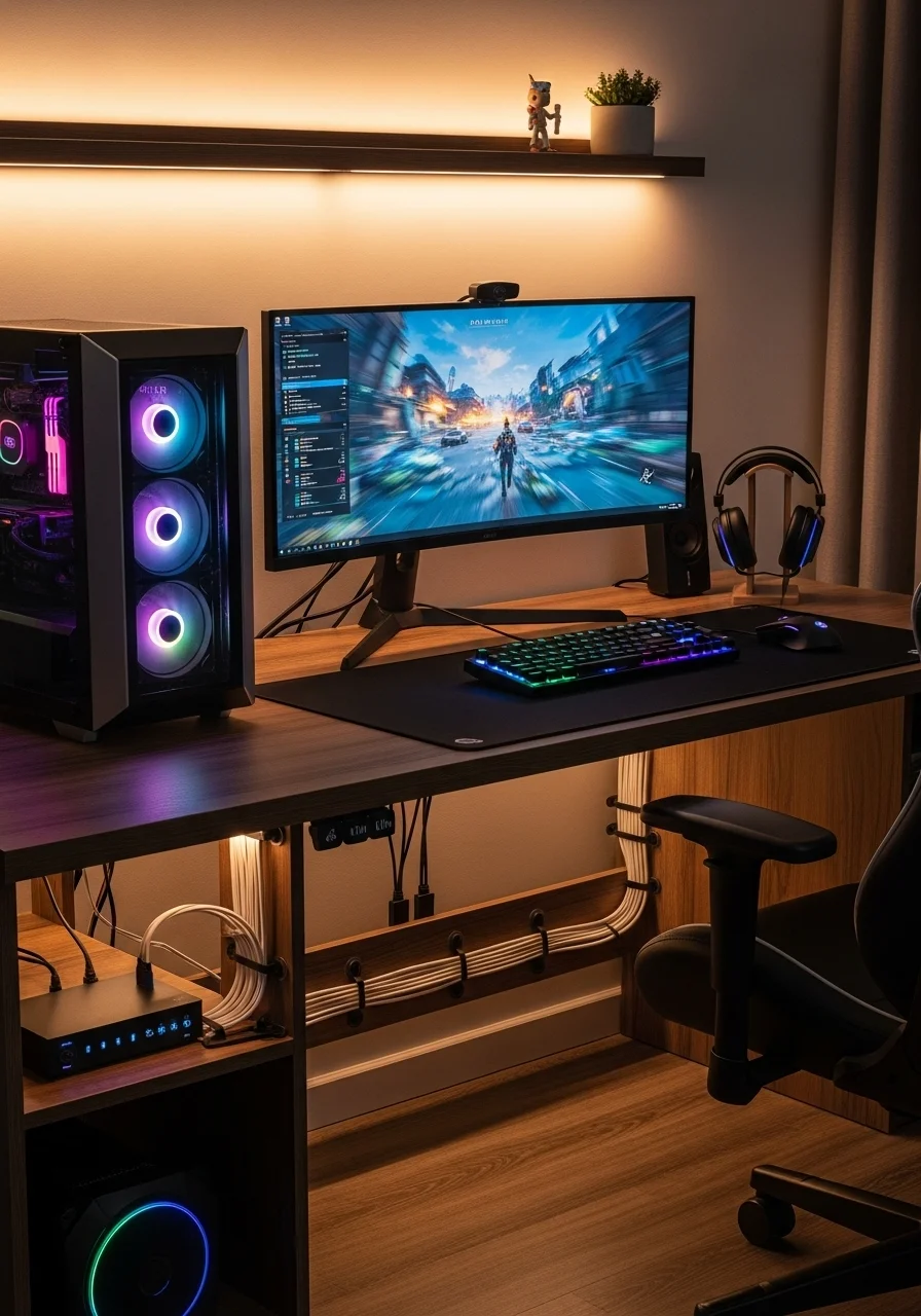 A neatly organized gaming desk with ethernet cables routed cleanly