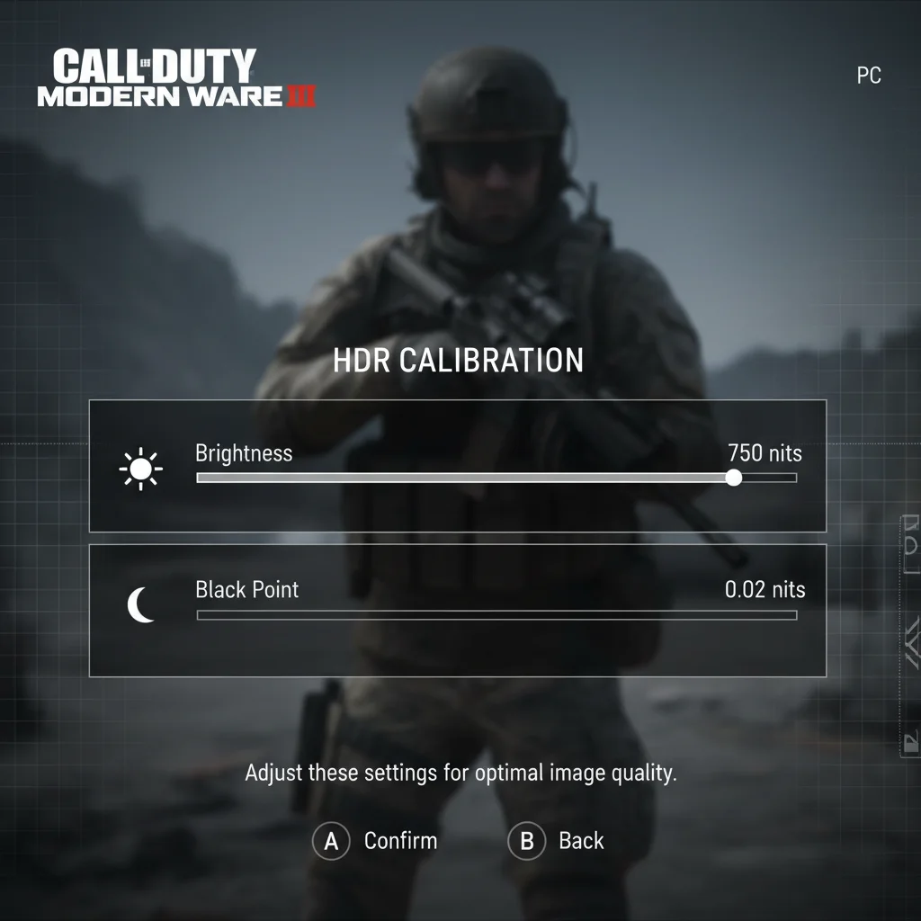 A screenshot of the Call of Duty MW3 HDR calibration menu showing the brightness and black point sliders