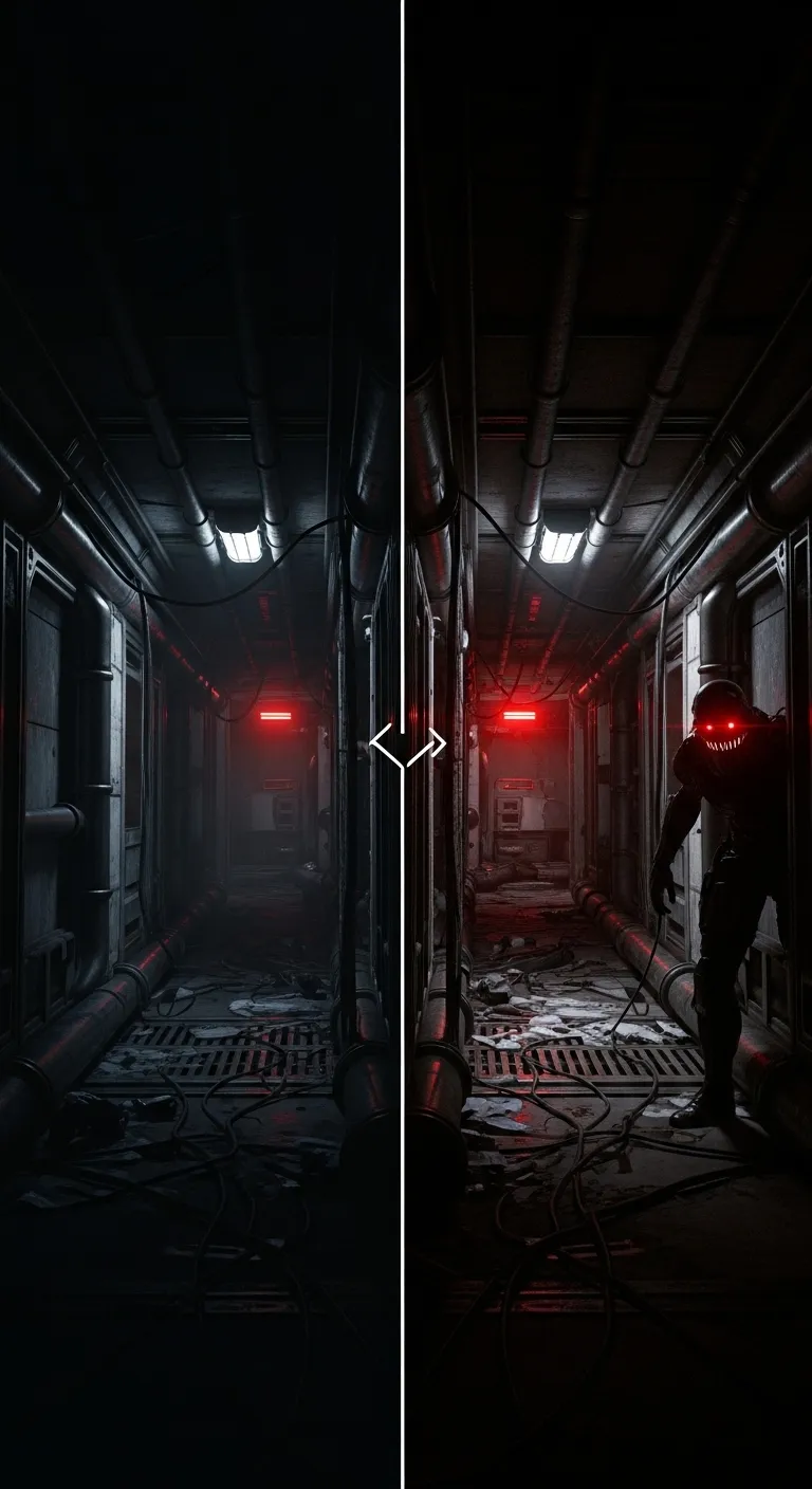 A side-by-side comparison of a dark game scene. Left side is default and dark; right side is optimized with higher gamma and vibrance, revealing an enemy in the shadows.