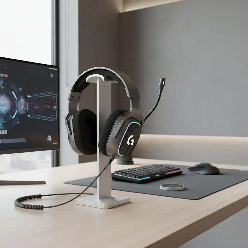 A sleek, high-end stereo gaming headset displayed prominently on a minimalist desk setup.