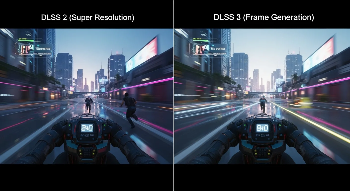 A split image showing a comparison of a game screen with DLSS 2 (Super Resolution) on one side and DLSS 3 (Frame Generation) on the other, highlighting visual smoothness vs. potential lag effect.