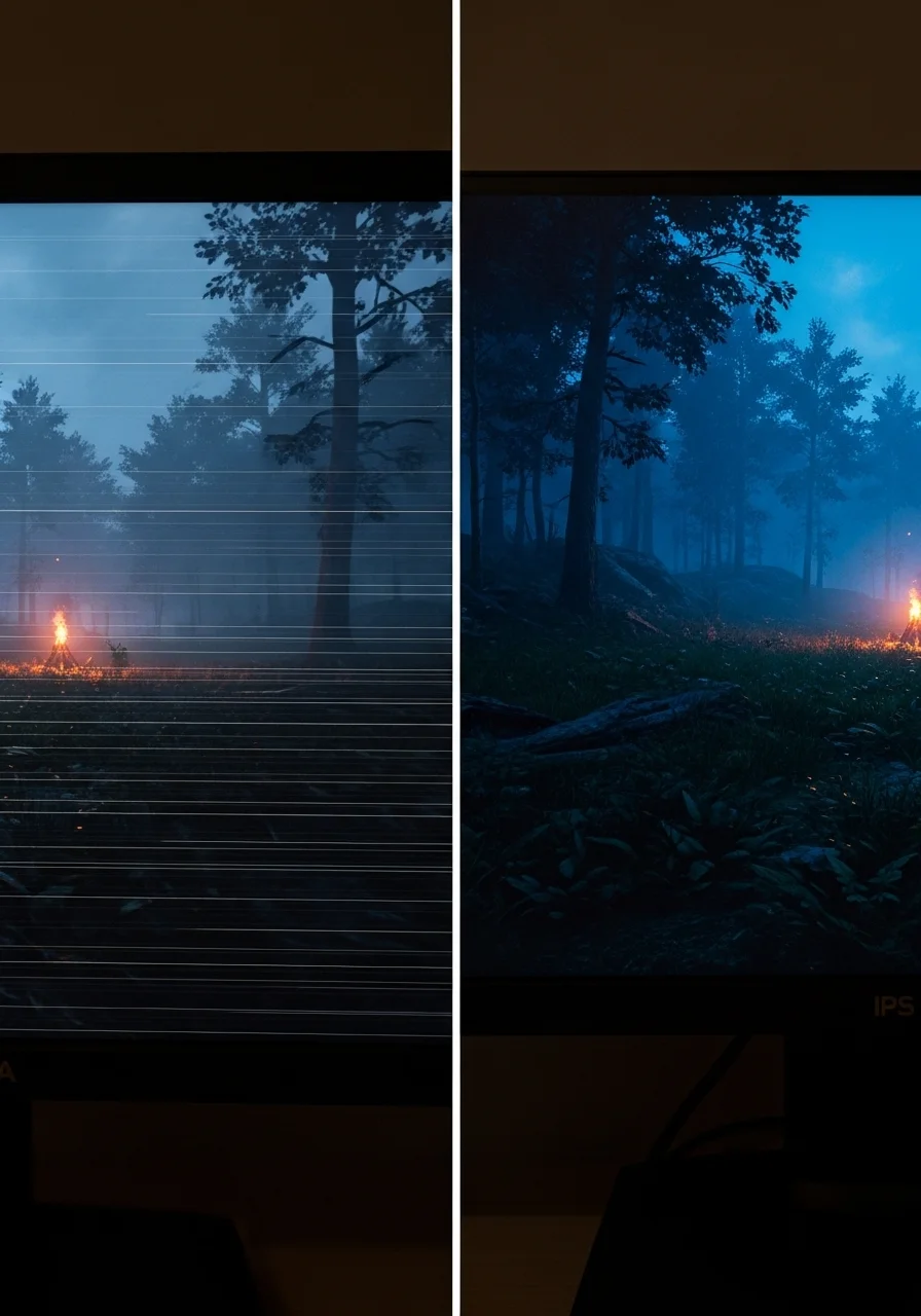 A split image showing a G-Sync enabled VA panel flickering in a dark game scene vs. a stable IPS panel in the same scene.