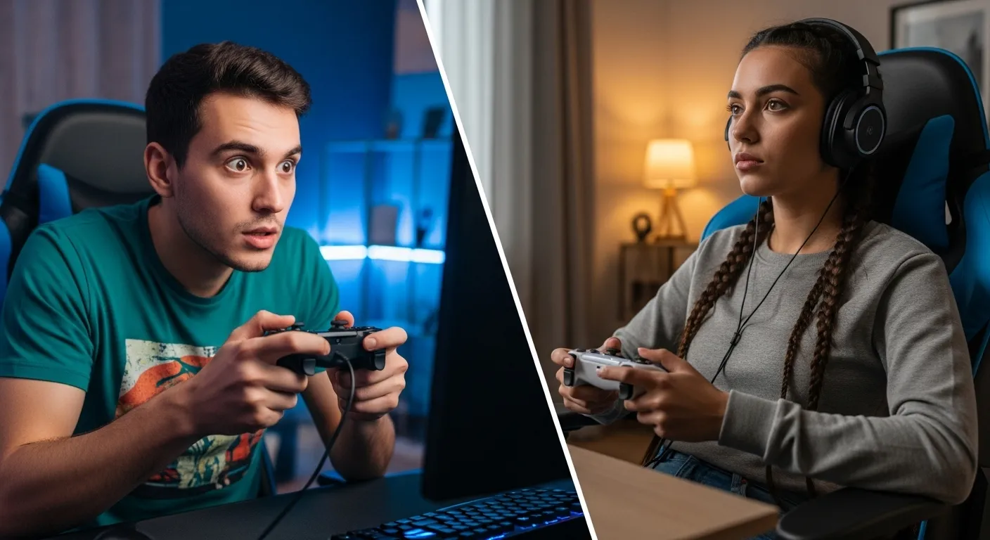 A split image showing a gamer intensely playing with a wired controller on one side, and another gamer with a wireless Bluetooth controller on the other, both focused.