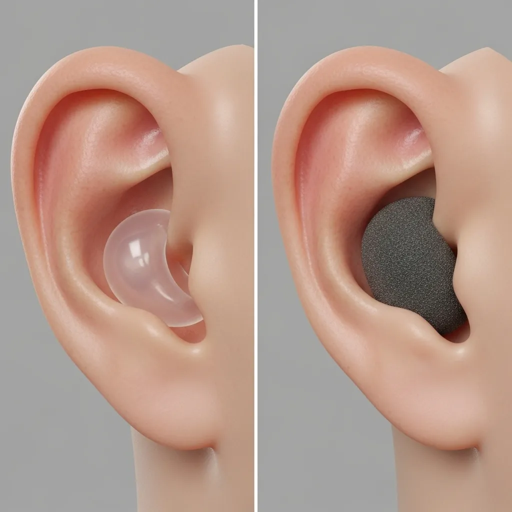 A split image showing an ear with a silicone eartip partially inserted, and another ear with a foam eartip fully expanded and sealing the ear canal.