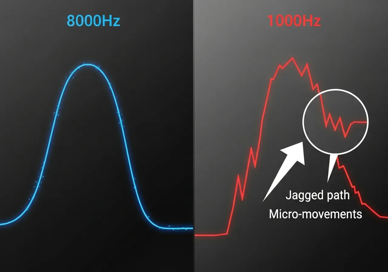 A split-screen comparison graphic showing a smooth mouse path at 8000Hz versus a jagged path at 1000Hz, highlighting the micro-movements