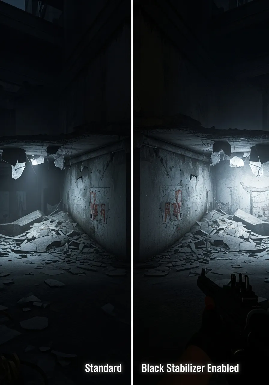 A split-screen comparison showing a standard game scene versus one with Black Stabilizer enabled, highlighting clearer dark corners