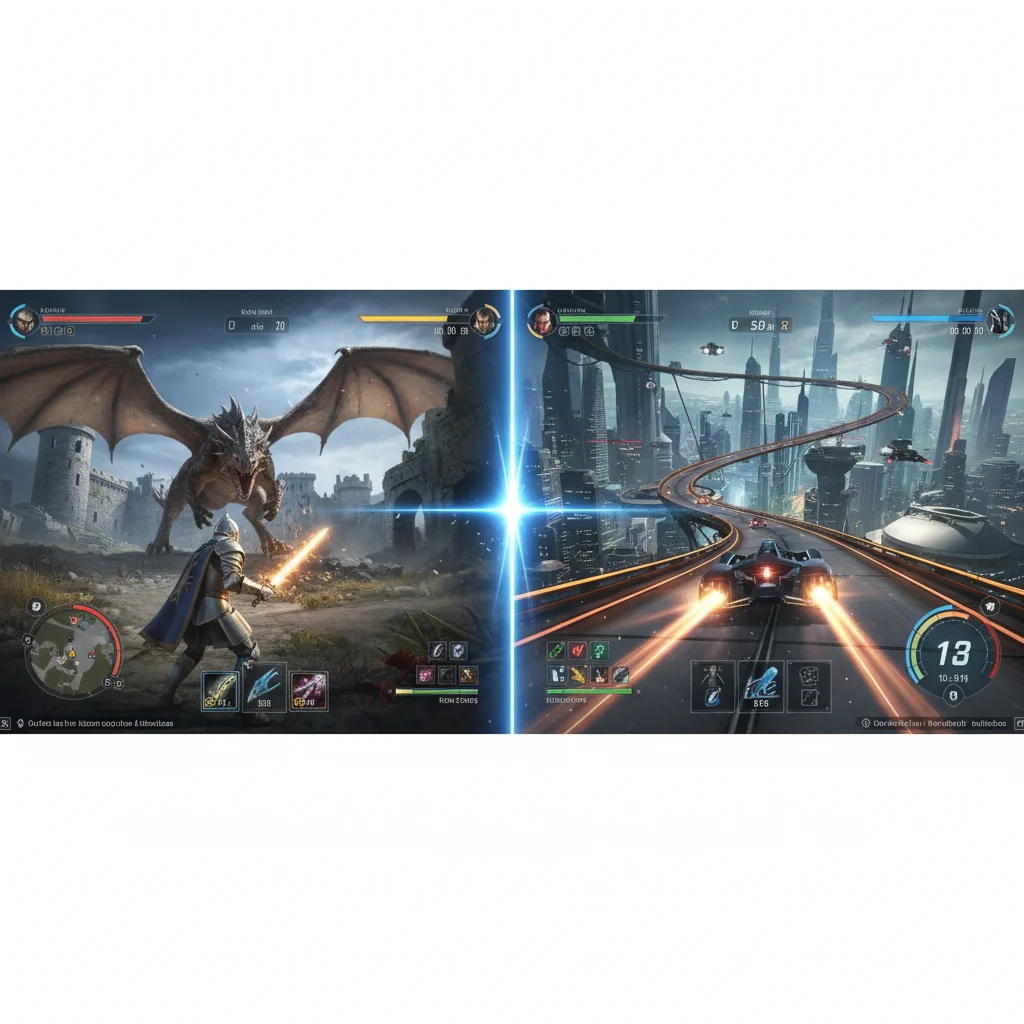 A split screen showing, both displaying different game 