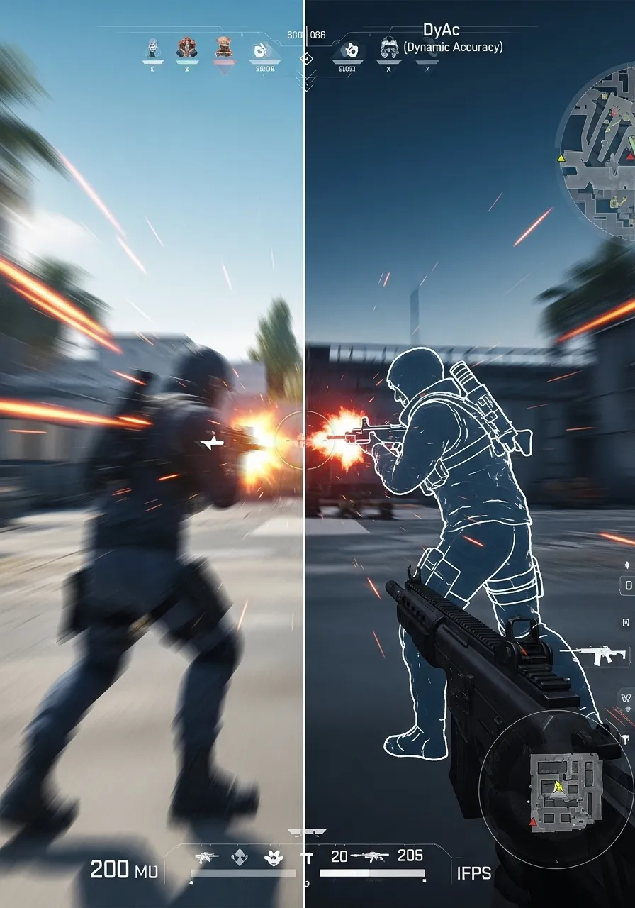 A split screen showing motion blur without DyAc on one side and a sharp image with DyAc on the other, focusing on a fast-moving object or character in an FPS game.