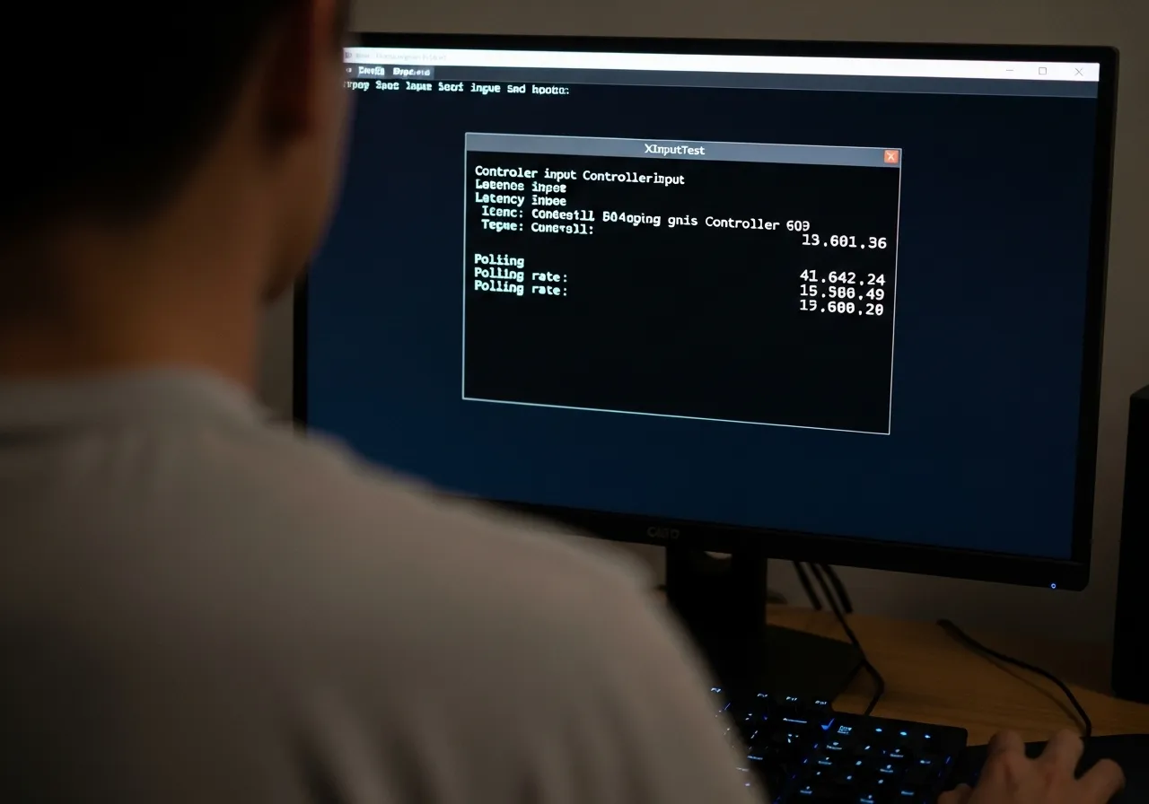 A user using his pc with his computer screen hinting A screenshot showing the hinting A screenshot of the XInputTest application displaying controller input data, focusing on latency and polling rate numbers basic text only hint it only, over the shoulder shot