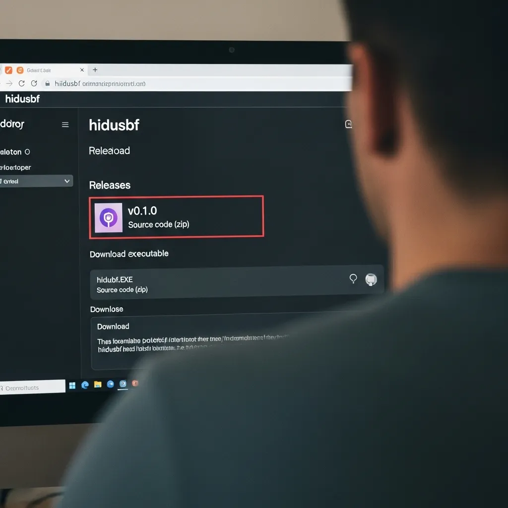 A user using his pc with his computer screen hinting A screenshot showing the hidusbf download page on GitHub with the latest release highlighted simple screenshot basic info only minimum text, basic text only hint it only, over the shoulder shot