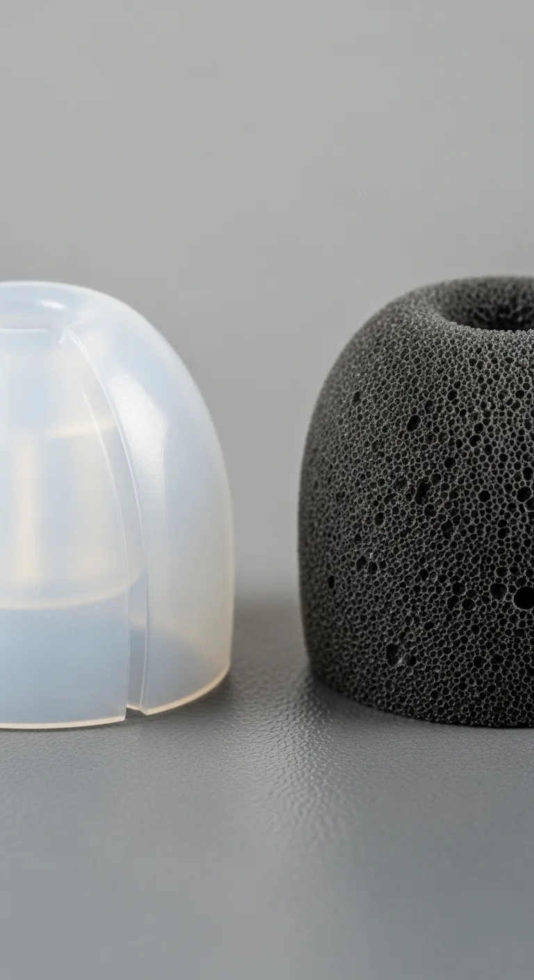 Close-up comparison of silicone and foam eartips, highlighting their material differences