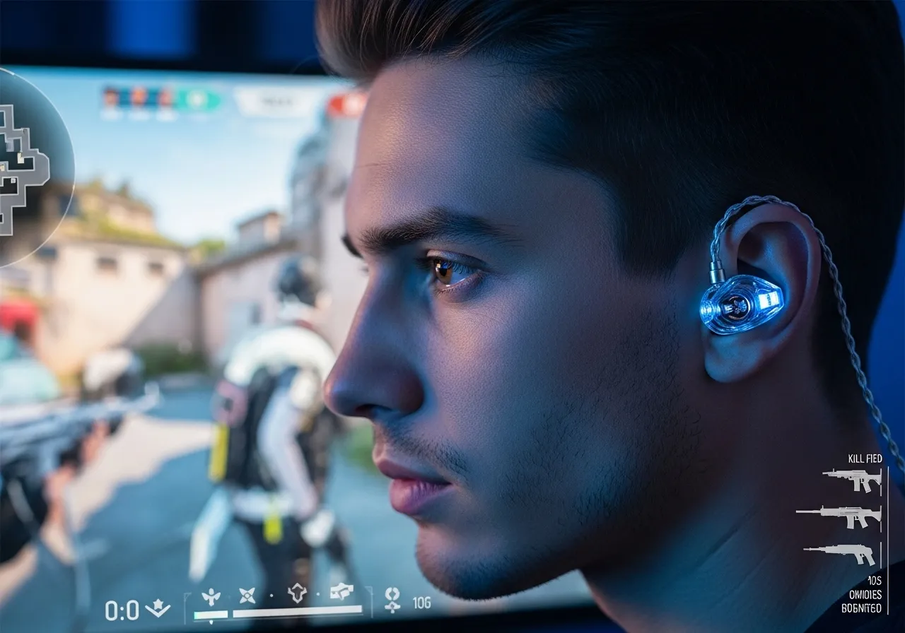 Close-up of a gamer wearing sleek IEMs with a competitive game UI in the background