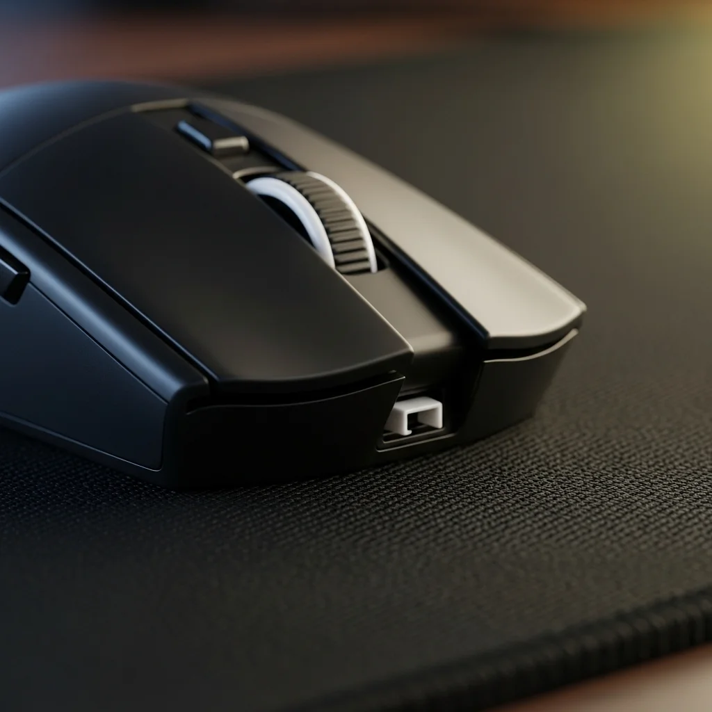 Close-up of a gaming mouse gliding across a mousepad, showing new mouse skates